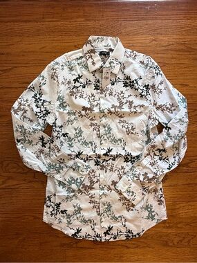 Express White Floral-Print Long Sleeve Button-Down Shirt
